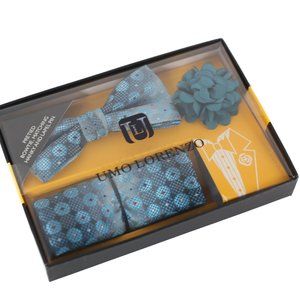 Pretied light blue bowtie, matching hanky and lapel pin